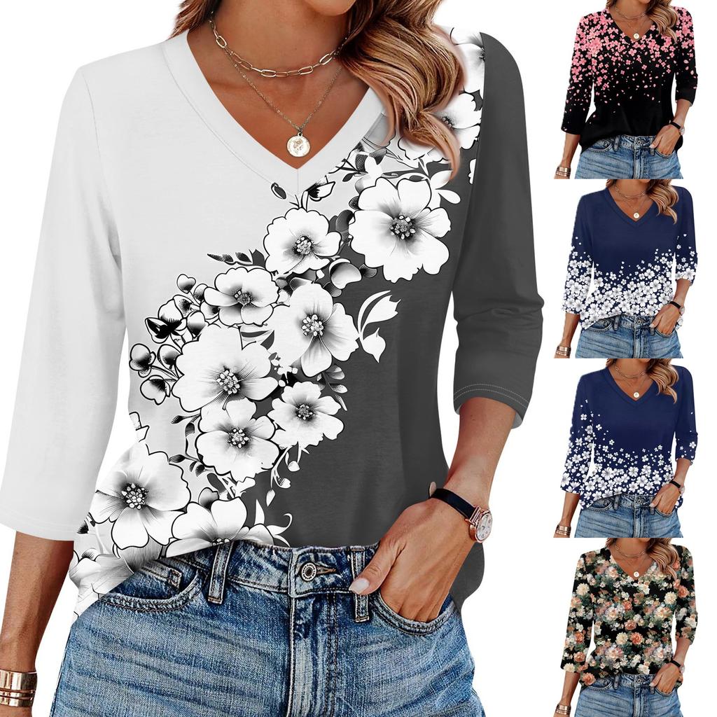 Women's T Shirt Print 3/4 Sleeve Daily Weekend Fashion Basic V- Neck Regular Top
