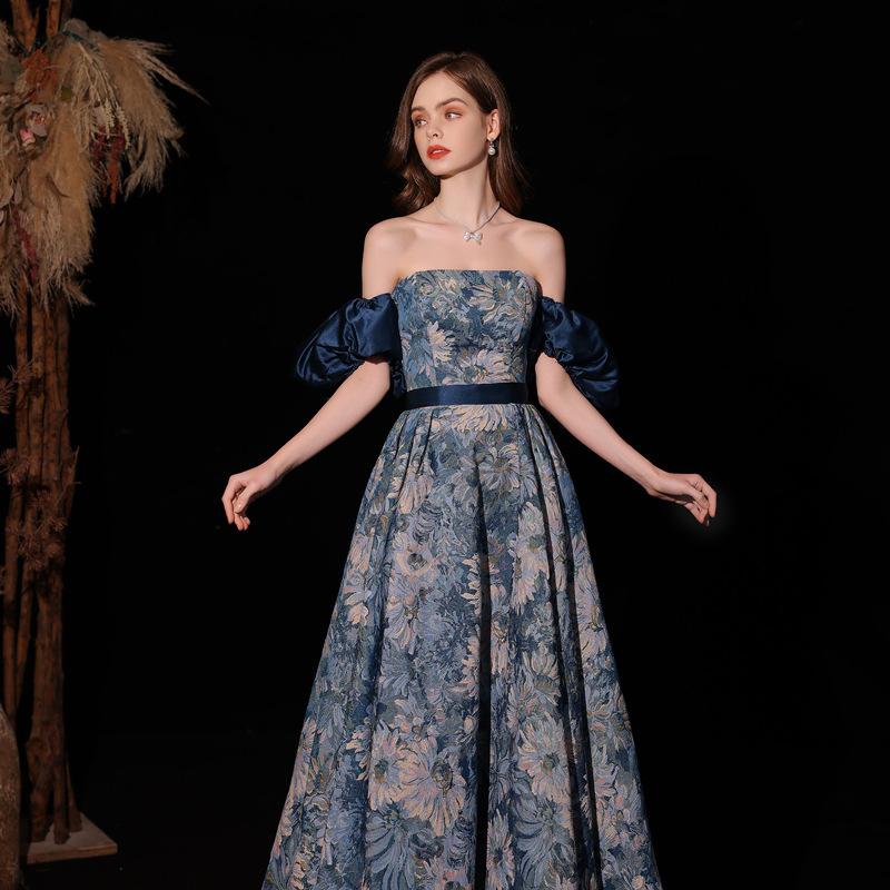 Evening dress women's wedding party texture light luxury niche princess court oil painting style tube top blue toast suit