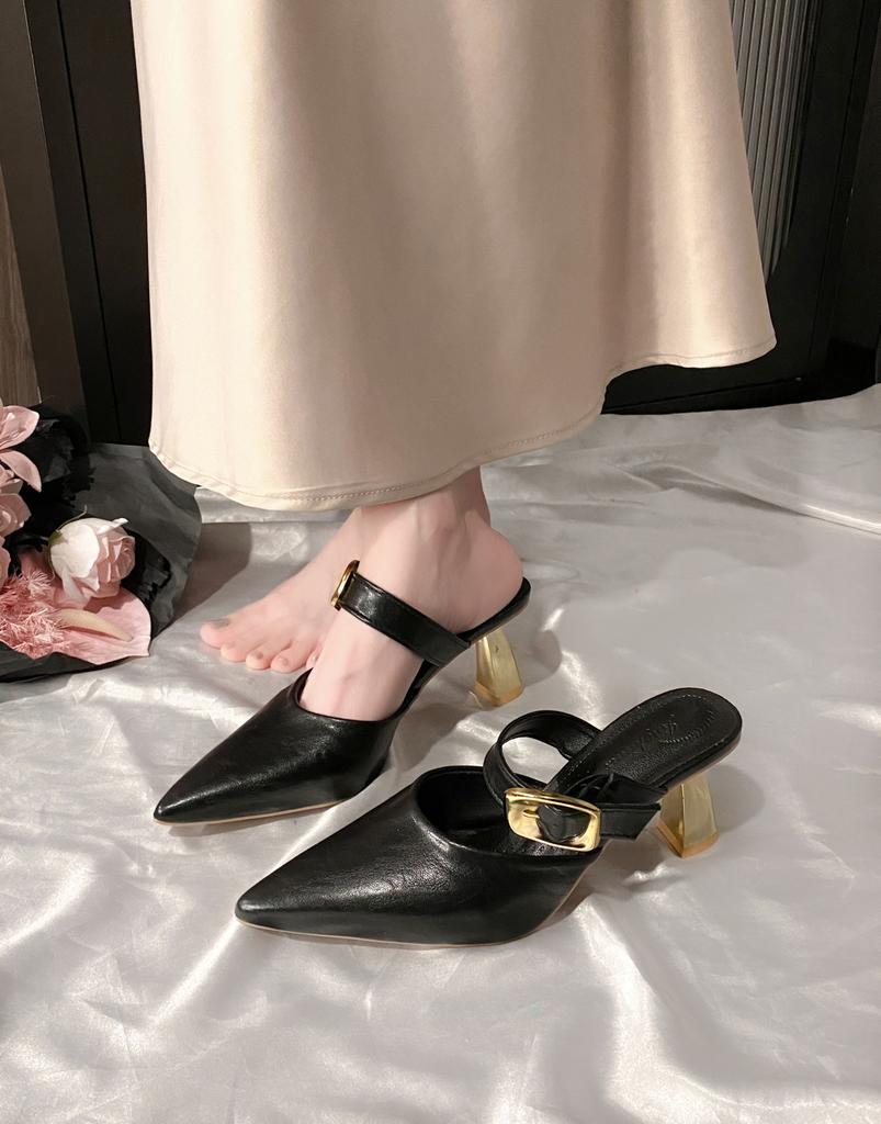 2025 Summer New Temperament Pointed Versatile Metal Buckle Thick Heel Versatile Simple Mature Bag Head High Heel Slippers
