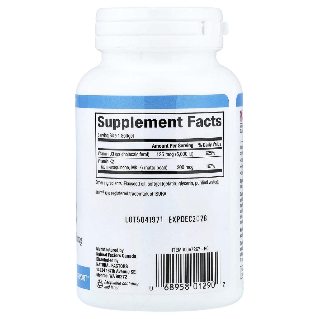 Natural Factors, Vitamin D3 & K2, 200 Softgels