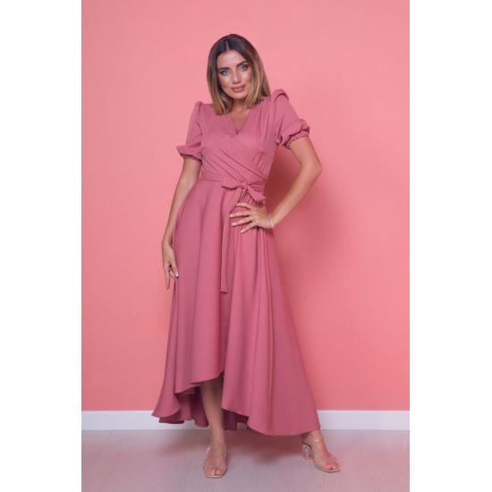 Женское расклешенное платье асимметричного кроя с поясом и двубортным воротником длины миди