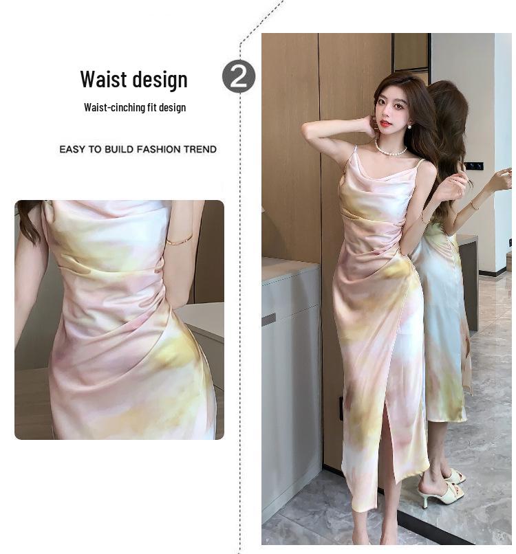 Летнее платье на бретельках-спагетти из сатина с принтом и французским вырезом-хомут в наличии