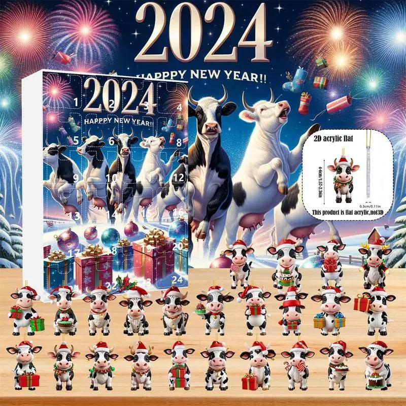 Рождественский адвент-календарь 2024 года «Корова в шапках Санты», 24-дневный рождественский адвент-календарь, 2D-украшение рождественской елки в виде коровы из Хайленда