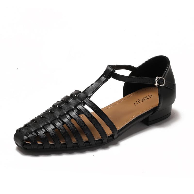 Модные сандалии женские лето 2025 новые ретро плетеные носки женские на плоской подошве полые римские туфли большой размер 42 43 44 женская обувь