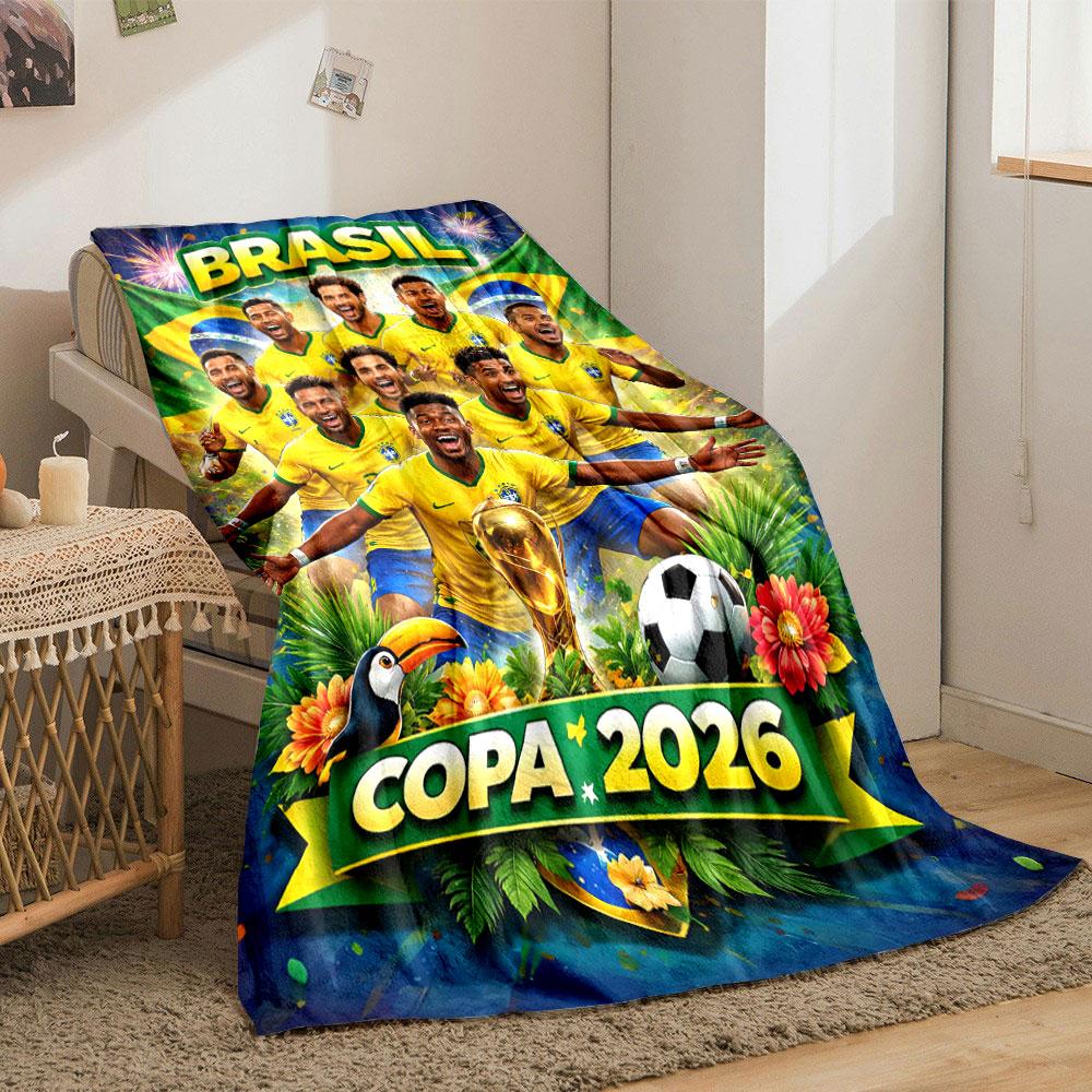 Soccer team in yellow jerseys with Brazil flags and Copa 2026 below. for all seasons blanket lunch break throw gift