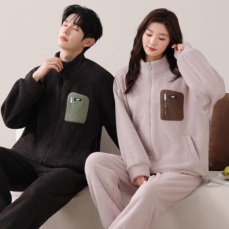 Парная пижама из полуфлиса Женская осенне-зимняя утолщенная флисовая теплая из кораллового флиса Можно носить на улице Домашняя одежда Мужской костюм