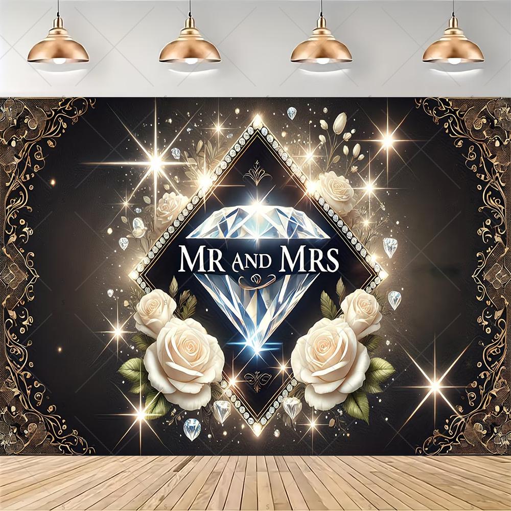 Elegant floral garland, Mr & Mrs theme, gold background, ribbon, wedding party decoration, backdrop, photography supplies2079