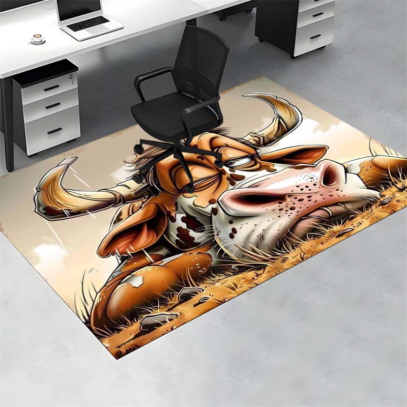 Cartoon Lazy Cow Prairie Grassland Print Area Rug Non‑Slip Rectangular Floor Mat Funny Animal Home Gaming Decor