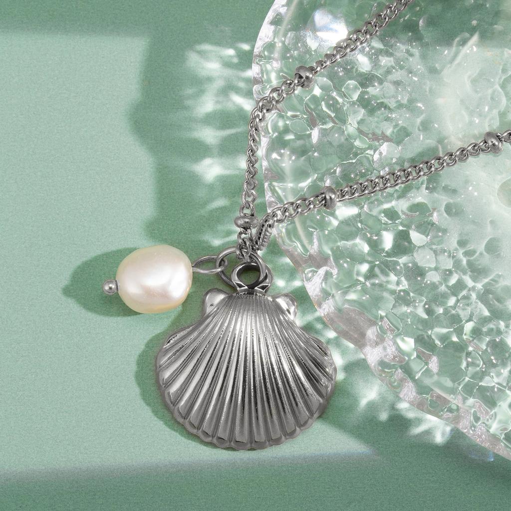 Gold Plated Stainless Steel Shell & Pearl Pendant Necklace for Women, Summer Beach Boho Coastal Hypoallergenic Jewelry Gift