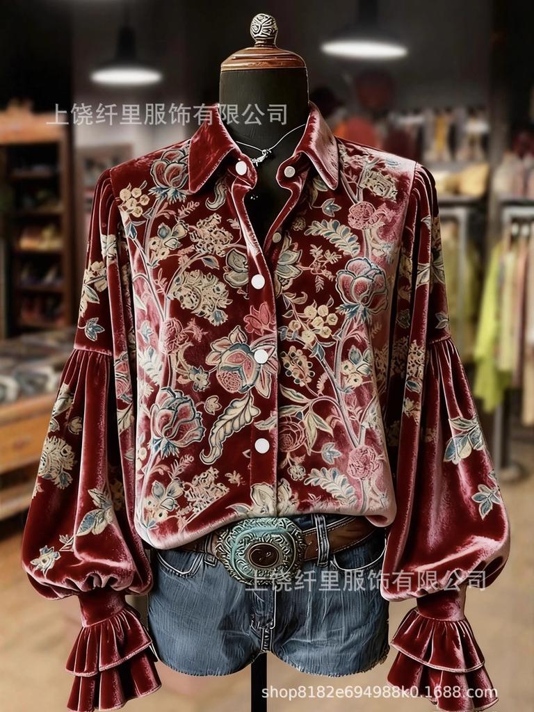 Новая модная креативная женская рубашка с длинным рукавом, бархатным воротником и 3D-принтом