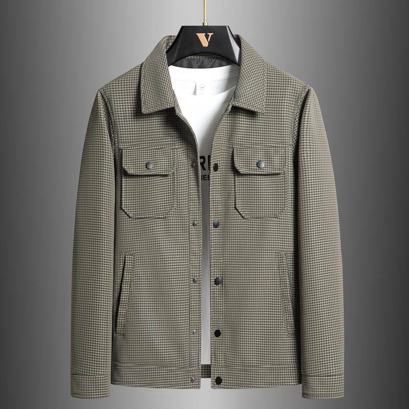 Men's Lapel Fashion Casual Plaid Leather Jacket Simple All-in-one Coat Men Thousand Bird Check Trend Cargo Jacket