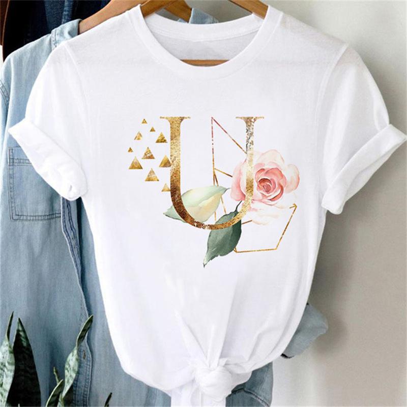 Custom Name Letter Combination Women T Shirt Floral Gold Letter Font A B C D Print Short Sleeve Tee Tops Female T-shirt Clothes