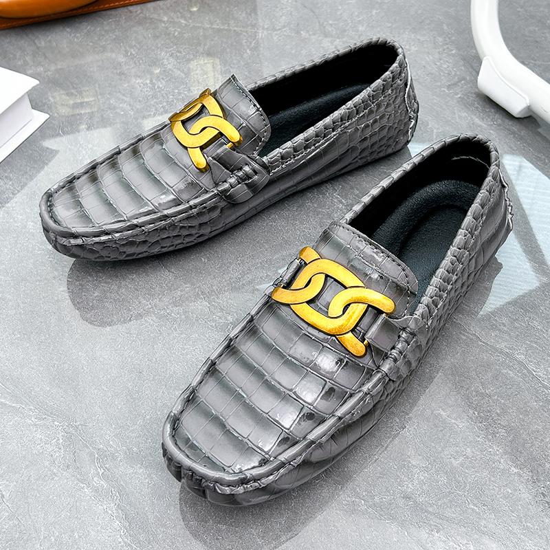 Мужские мокасины Туфли для вождения Комфортные кожаные лоферы Повседневные слипоны Большой размер Цвет Серый Горошек Обувь Большого размера
