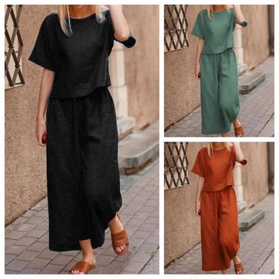 Новый повседневный комплект из двух предметов: свободная однотонная рубашка и брюки из хлопка и льна