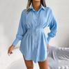 Women's Fashion Solid Color Long  Sleeve Neck Waist Dress Shirt Dress