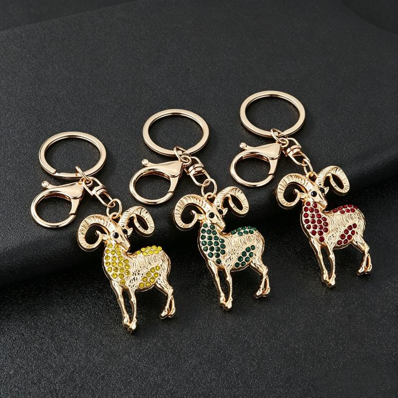 Golden Bighorn Sheep Rhinestone Inlaid Keychain Sturdy Clasp Lightweight Key Ring for Car Key Purse Bag Ornament