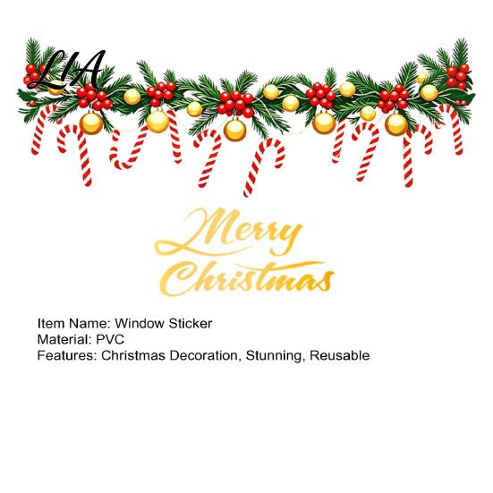 Festive Wreath Candy Cane Decor Merry Christmas Window Clings, Cute Garland Stickers with Canes, Balls, Berries Customizable Scene for Glass, Reusable
