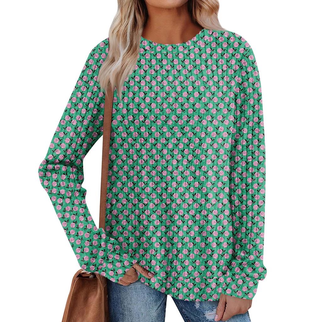 Women's Winter Color-Block Printed Lightweight Brushed-Cotton Round Neck Top