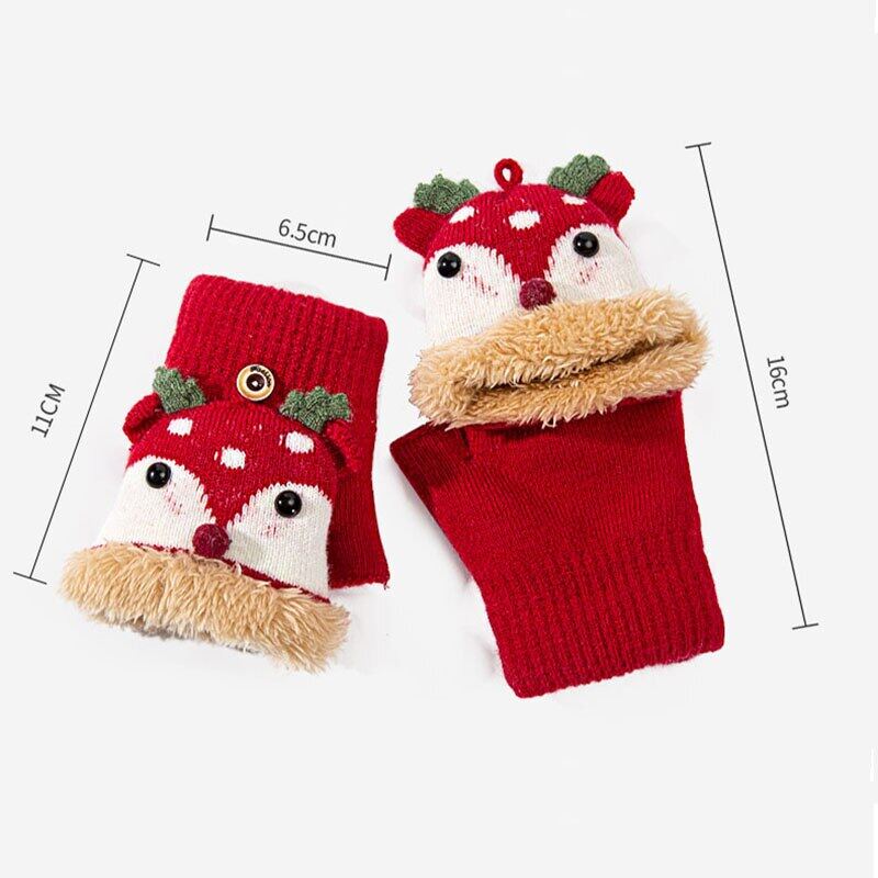 4-12 Years Children Gloves Winter Knitted Half Finger Plush Thick Warm Cartoon Boy Girl Christmas Flip Gloves
