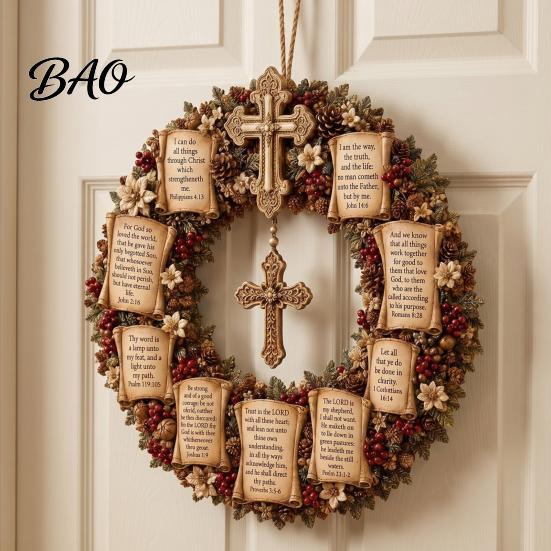 Faith Based Gifts Christian Bible Verse Christmas Wreath, Pine Cones Decor, Religious Cross Wreath Scripture for Front Door Wall Decor Church