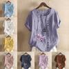 Women's Fashion Round Neck Short Sleeve T-shirt Casual Cotton Linen Graphic Shirt Flowers Prined Summer Blouse Tops Plus Size