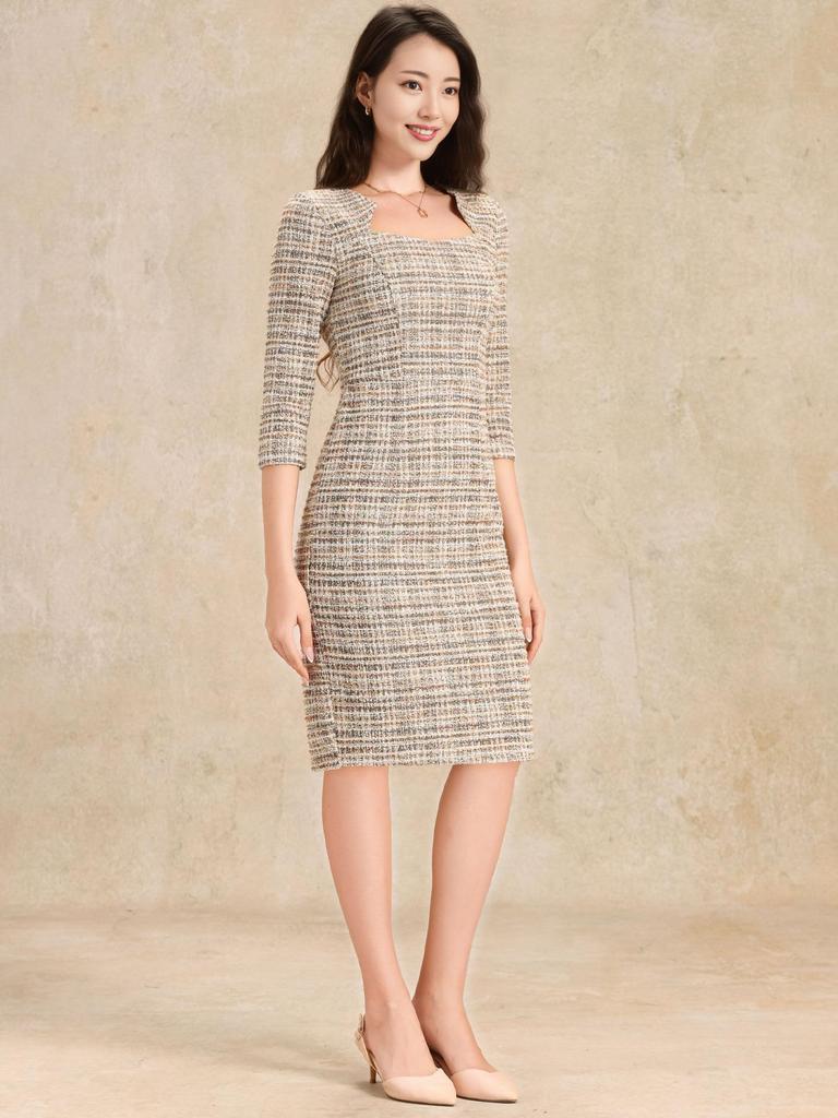 Женское облегающее платье из клетчатого твида Allegra K, рукава 3/4, элегантное рабочее платье, желто-белое, размер S