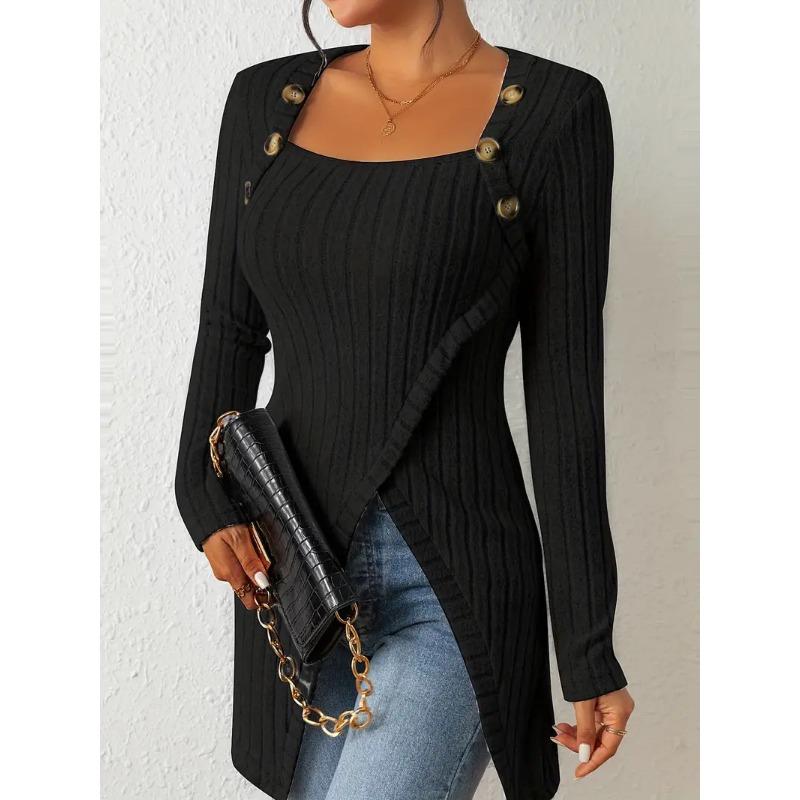 Изысканная и элегантная женская футболка с длинным рукавом и квадратным вырезом в полоску, модный вязаный женский пуловер на осень и зиму