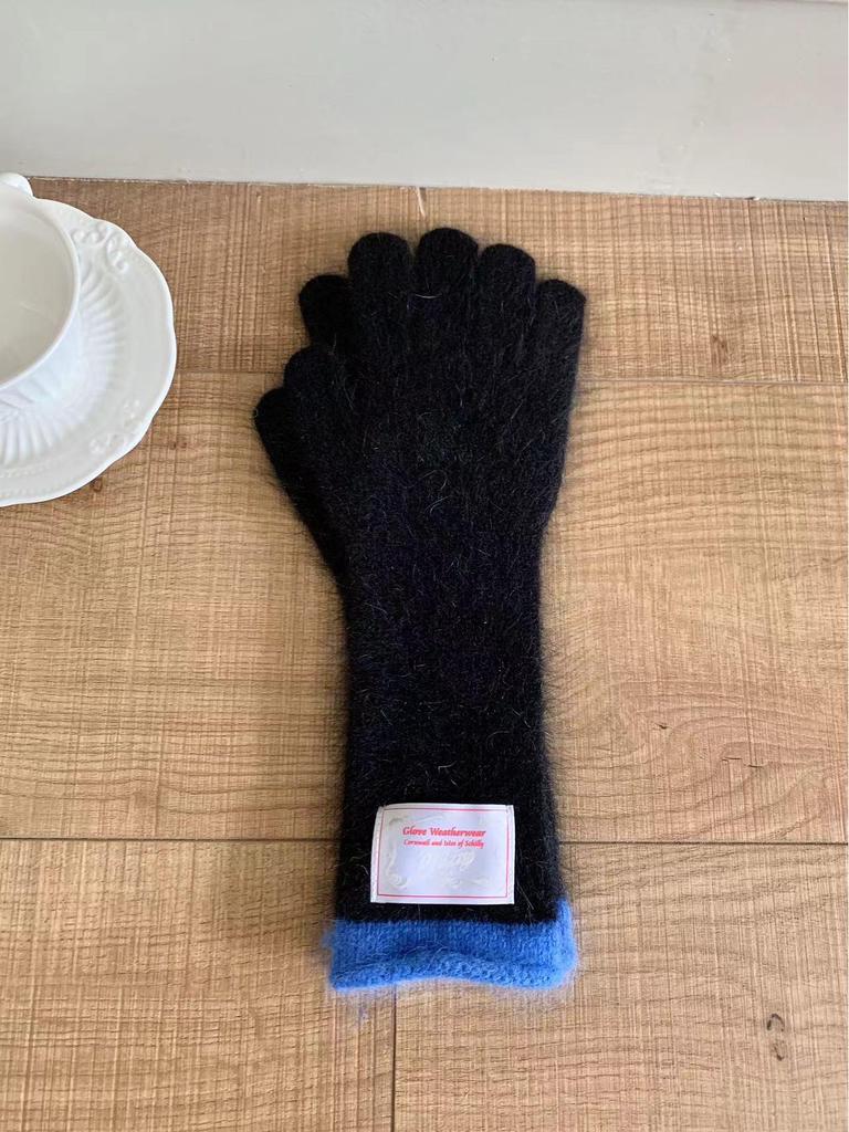 Women's Korean Style Colorblock Wool Long Gloves - Warm, Windproof, Five-Finger Design for Winter Cycling