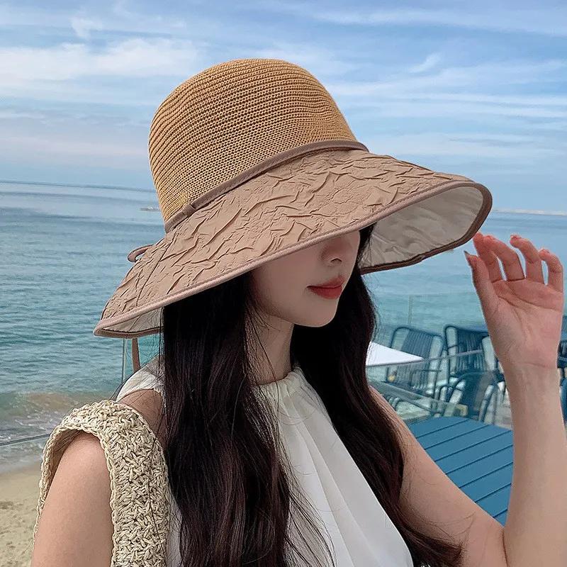 WTEMPO Весна-лето Широкие поля Открытый Дышащие Складные Пляжные Солнцезащитные Кепки Женские Лоскутные Повседневные Однотонные Солнцезащитные Кепки с Ветрозащитной Веревкой