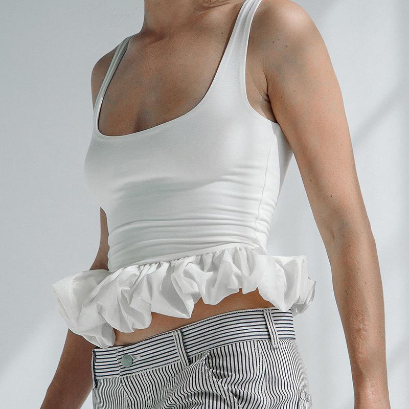 Square Neck Tank Tops For Women Sleeveless Backless Crop Top With Peplum Bubble Hem Summer Top Black White