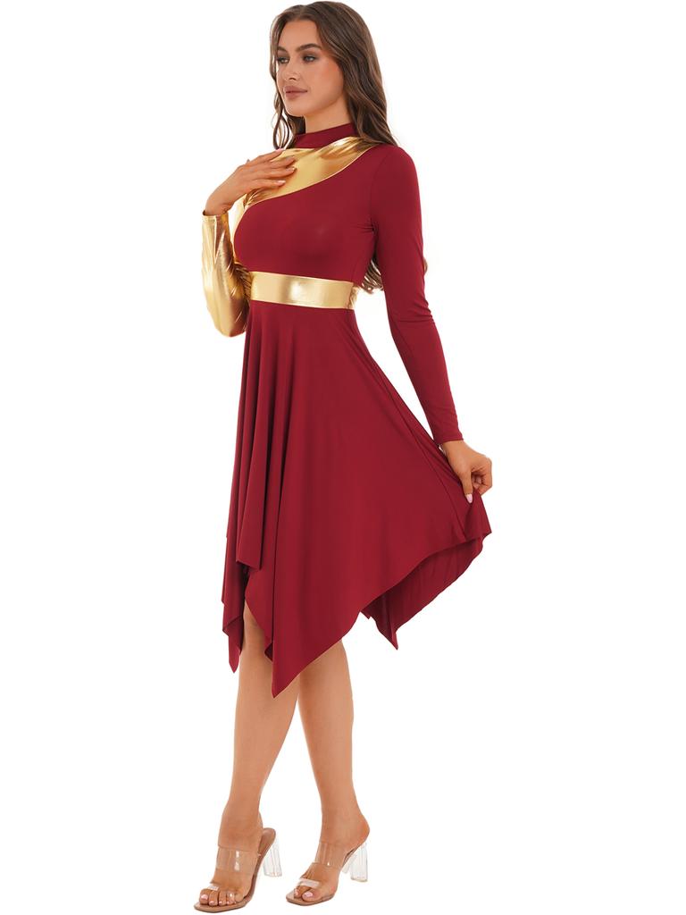 Women Slim Waist Party Gown Praise Liturgical Lyrical Dance Dress High Low Worship Costume Metallic Color Block Dress