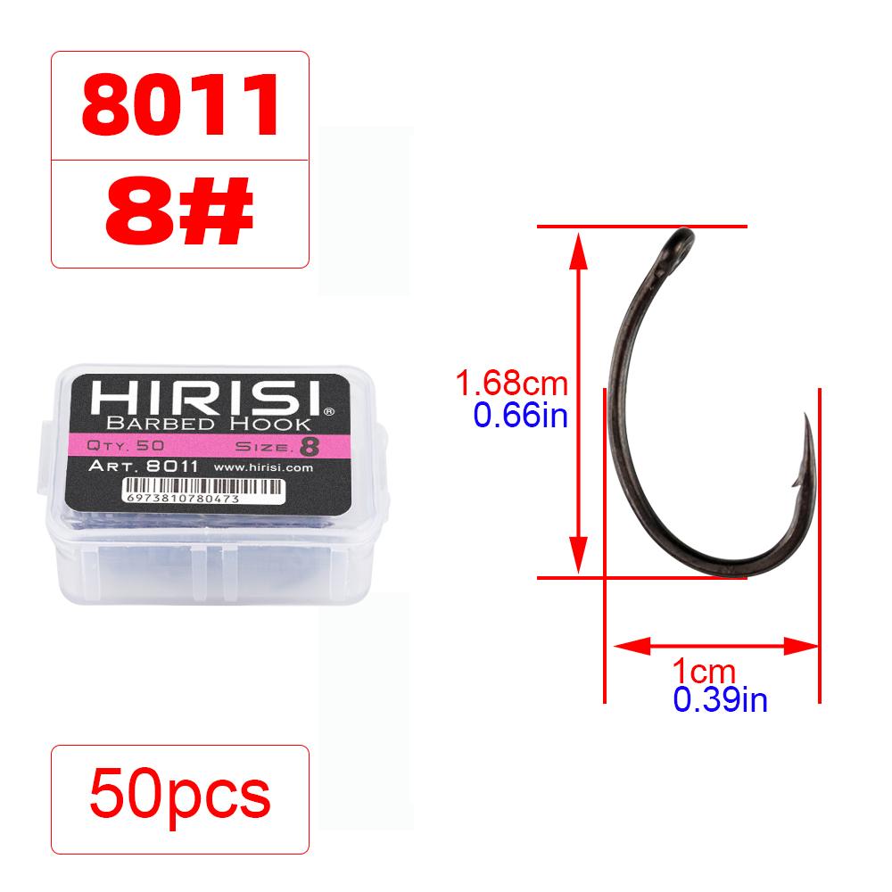 Hirisi 50/100 шт. Крючки для карповой ловли с покрытием PTFE Стальные крючки с бородкой В коробке 8011 Рыболовные аксессуары