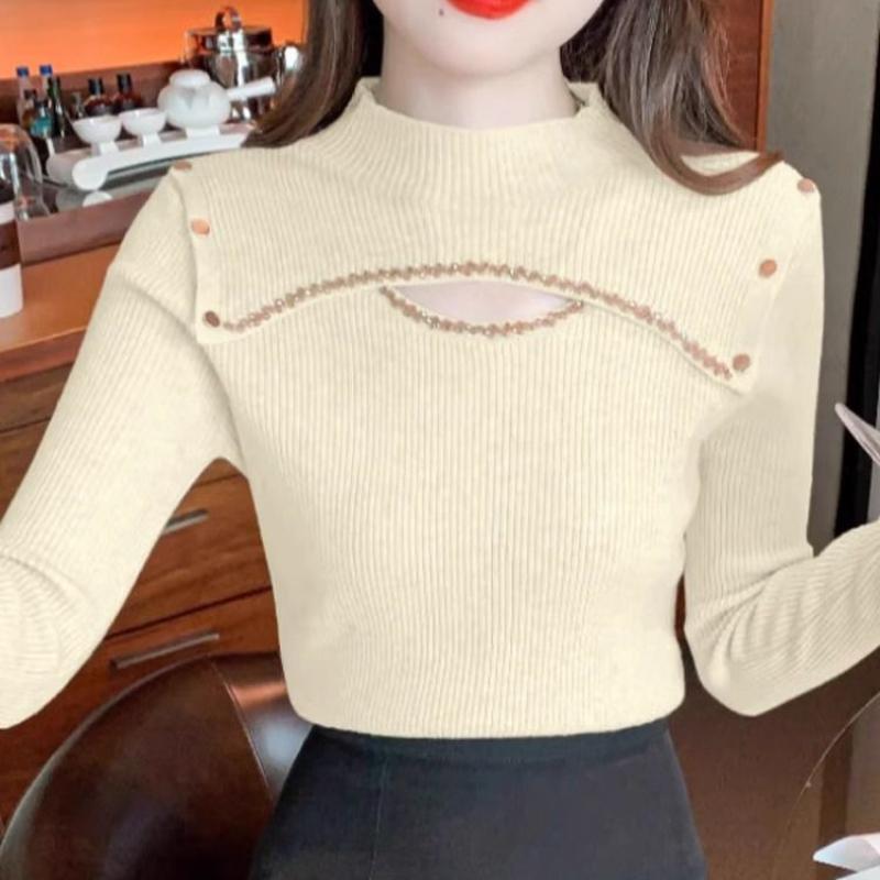 Полувысокий ворот с гвоздями и бусинами, ажурная модная трикотажная базовая рубашка для женщин с длинными рукавами, универсальный топ на осень и зиму