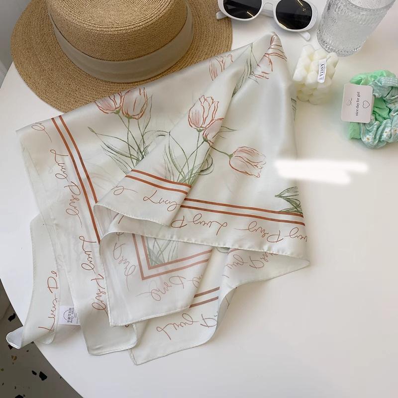 Literary Fresh Square Scarf Headscarf Tulip Silk Scarf Neckerchief Romantic Gentle Hair Tie Decorative Neckerchiefs