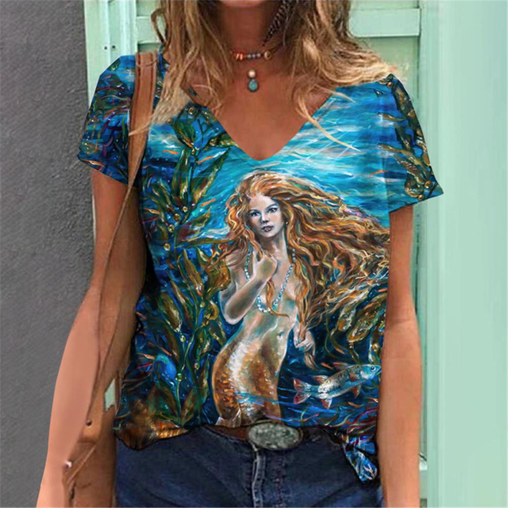 Lightweight Mermaid Digital 3D Print T Shirts Women Versatile Pullover Short Sleeve Summer Casual V-Neck Female Harajuka Tops