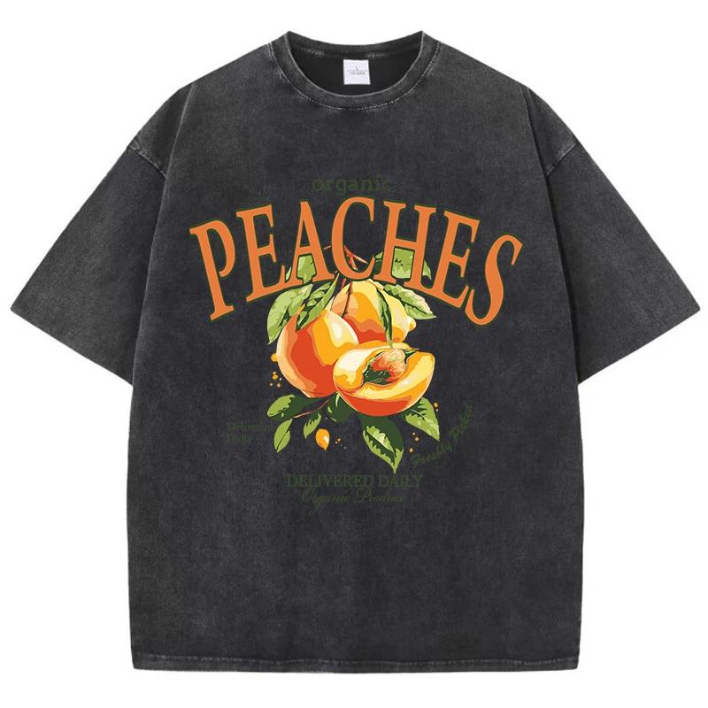 Casual Woman Acid Wash T-Shirts Fresh Peaches Delivered Daily Prints Tops Distressed Crewneck Oversize Cotton Clothes