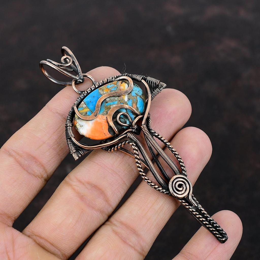 Колючая устрица Медная бирюзовая подвеска Медная проволочная обертка Подвеска ручной работы Красивый драгоценный камень Подвеска Медные украшения Подарок на помолвку