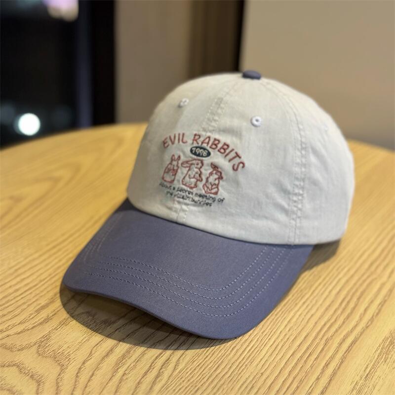 Korean-style cute three-rabbit embroidered soft-top baseball cap for women, spring and autumn, fresh and stylish, color-blocking, fashionable and