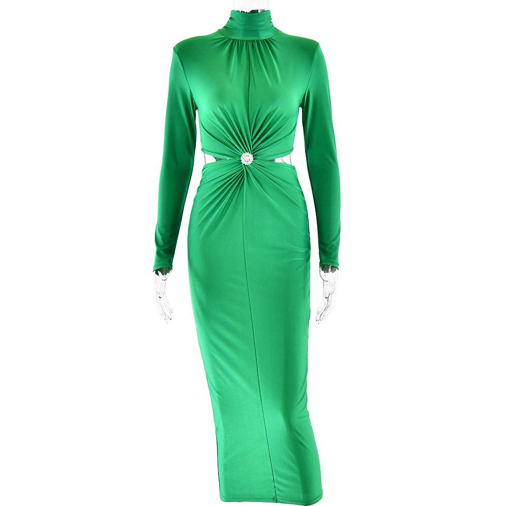 Half High Neck Long Sleeve Patchwork Backless Pleated Long Dresses