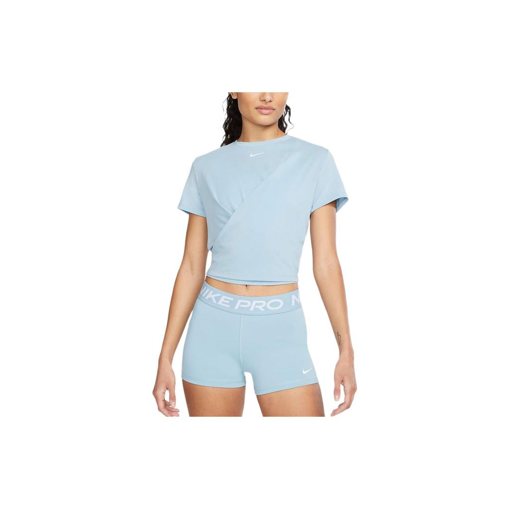 Nike Dri-Fit Solid Logo Round Neck Short Sleeve T-Shirt Women Tops Blue DD4922-494