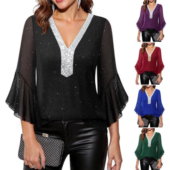 Женские топы с оборками и рукавами 3/4, блестящие, с пайетками, с V-образным вырезом, повседневные блузки, нарядные платья для осени и лета, с блестками, для свадьбы, для бизнеса, рабочие рубашки