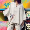 Soft Large Size Solid Match Color Turn-down Oversized Collar Irregular Hem Pants Button Batwing Sleeves Summer Blouse
