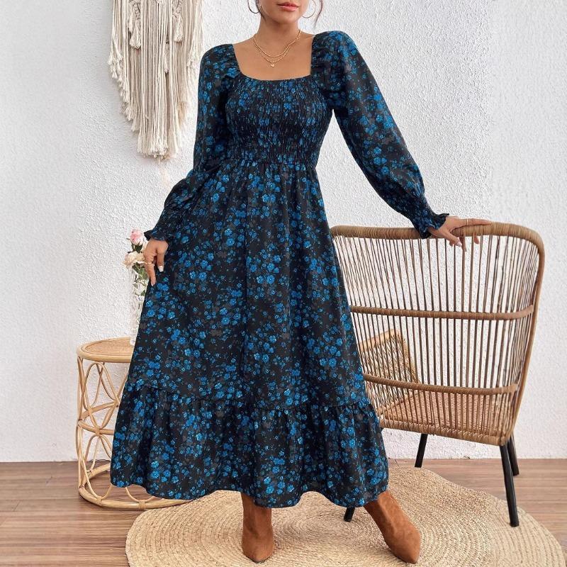 Женское модное платье с принтом, однотонным воротником и длинными рукавами
