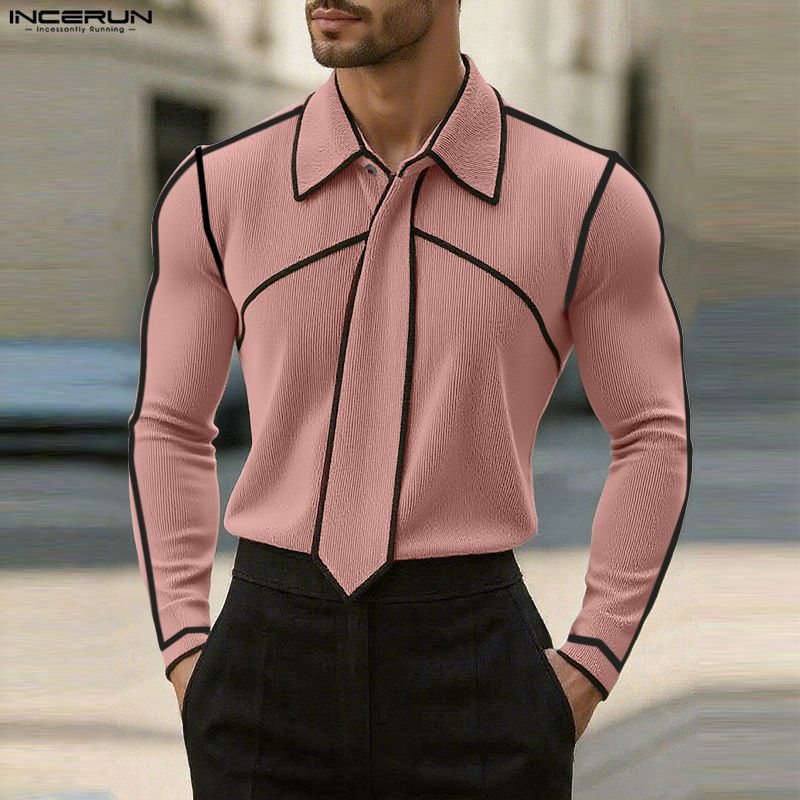 INCERUN Осенние мужские футболки с отложным воротником, длинными рукавами, в рубчик, повседневные