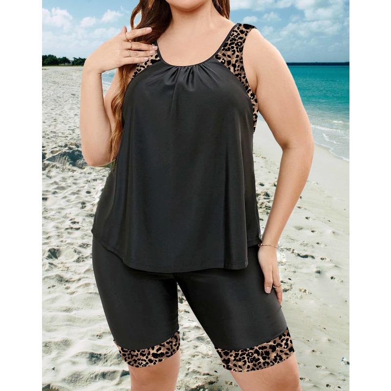 Комплект боди-танкини большого размера, женский купальник-топ с круглым вырезом и шортами, комплект из 2 предметов