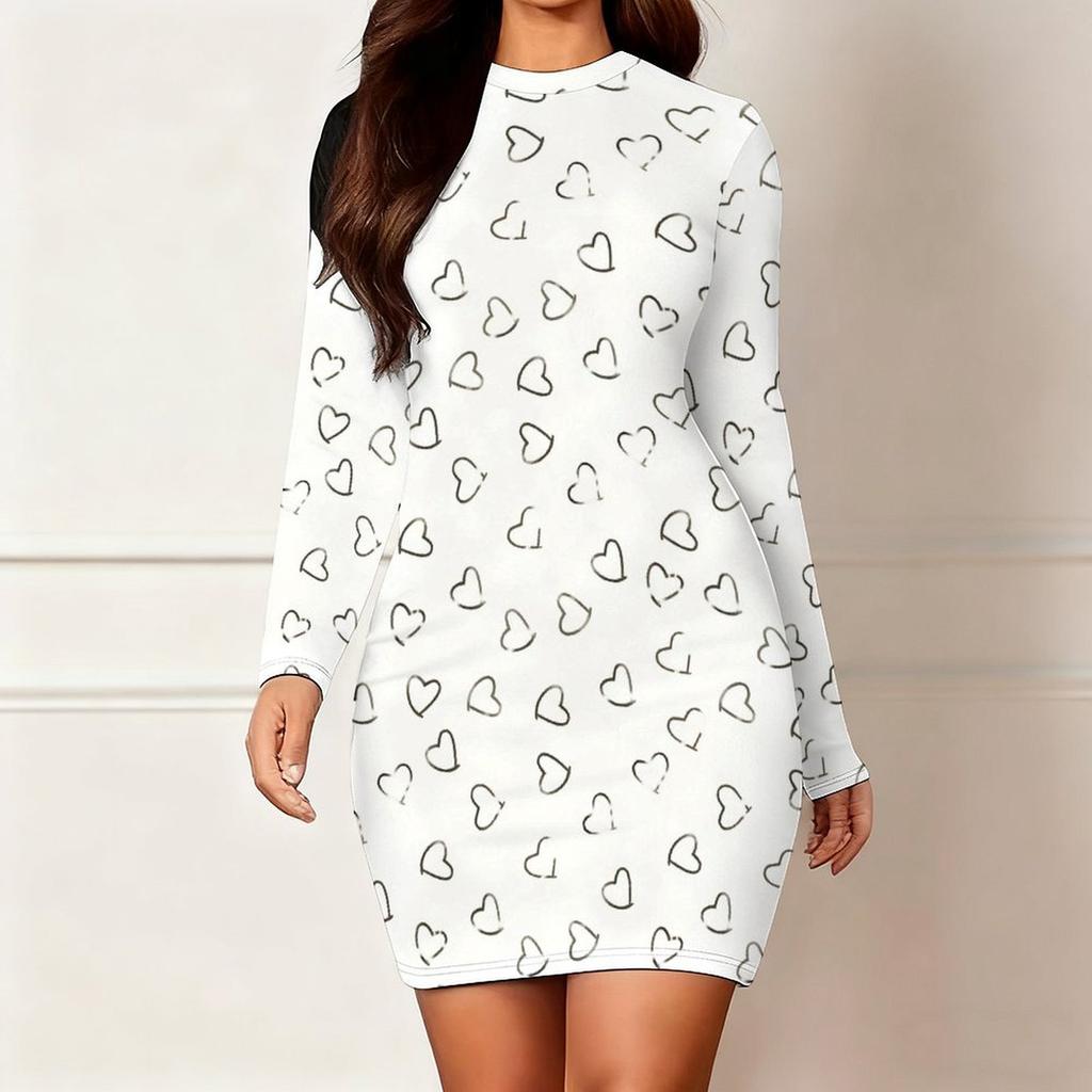 2025 Осень и Зима Новое 3D Принт с Любовным Узором и Окрашивание Женская Мода Платье с Длинным Рукавом и Круглым Вырезом, Облегающее Бедра Ограниченная Серия ко Дню Святого Валентина