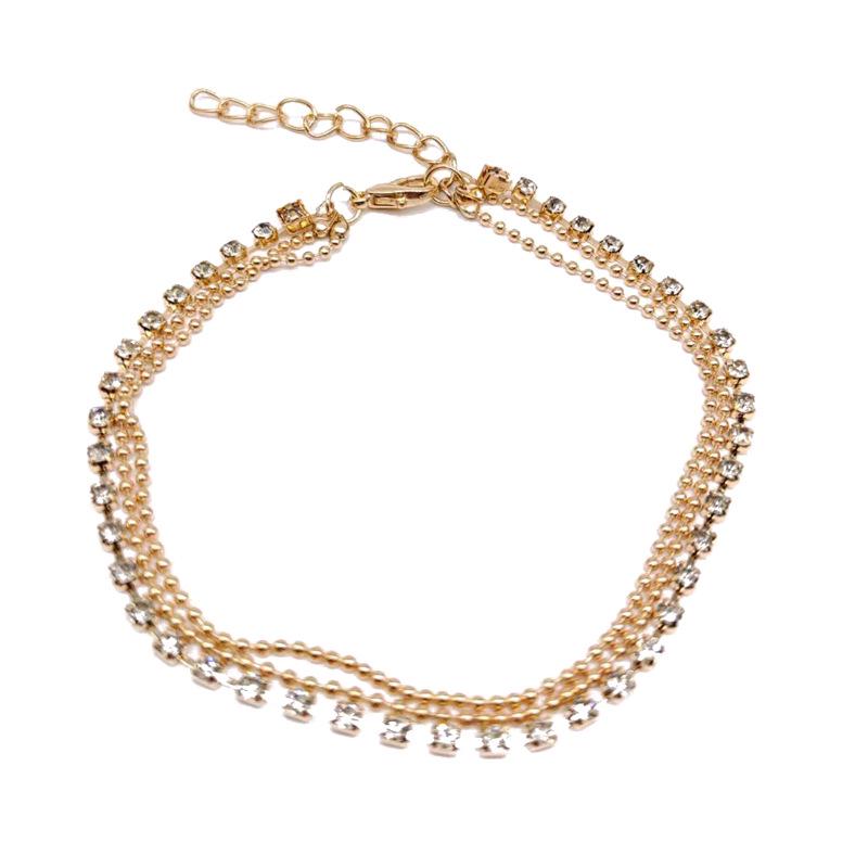 Trendy Summer Multi-Layer Metal & Bead Chain Anklet with Flash Diamonds