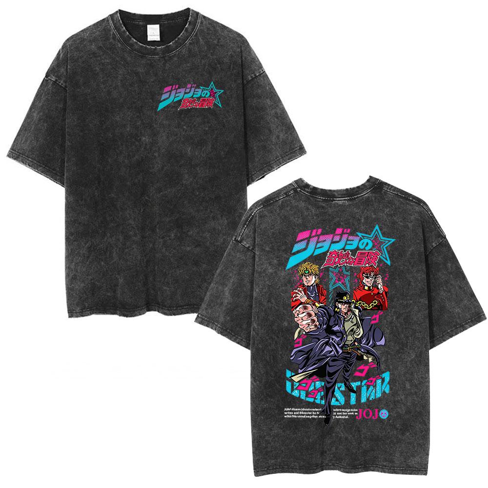 Anime Jojo Bizarre Adventure STEEL BALL RUN Jonathan Joestar Vintage Washed Shirt Men's Clothing Fashion Short Sleeves T-shirts
