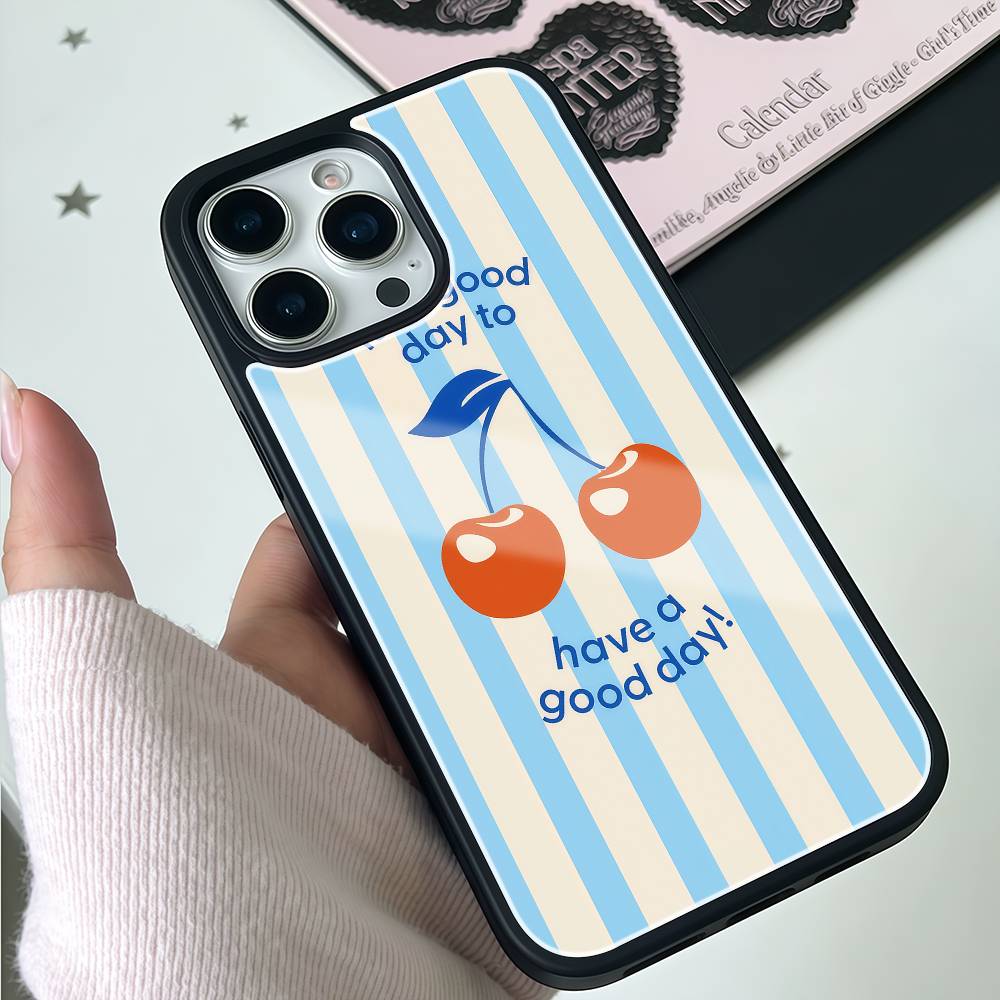 Retro Cherry Good Day Phone Case Black Hard Plastic Phone Case For Iphone 17 Air 16 15 14 13 12 11 Pro Max PC TPU Ins Case