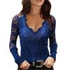 Новая женская мода V-образный вырез блузка с ромбами принтованные топы с длинным рукавом сексуальная кружевная футболка облегающие блузки топы
